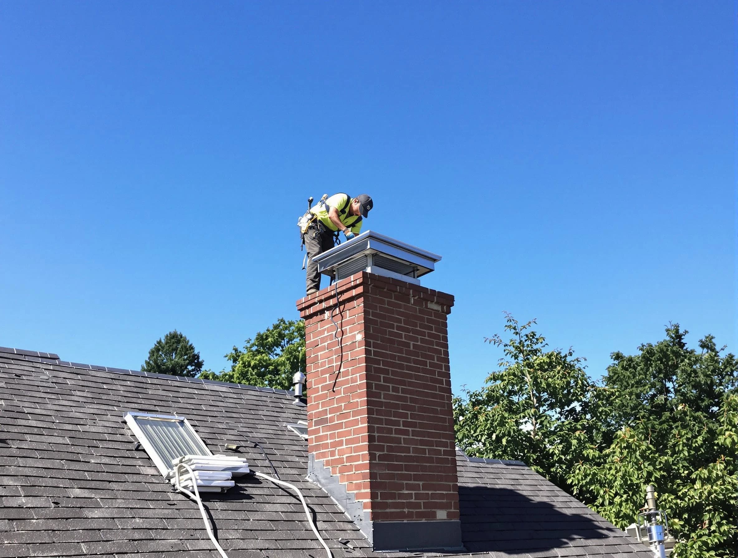 Lodi Chimney Sweep technician measuring a chimney cap in Lodi, NJ